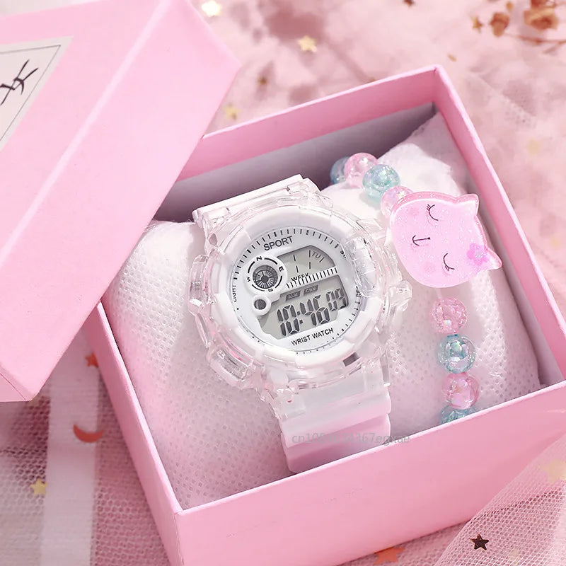 Children's Electronic Watch Teenage Couple Fashion Sports Multifunctional Watch and Acrylic Beaded Bracelet Set Gift for Kids