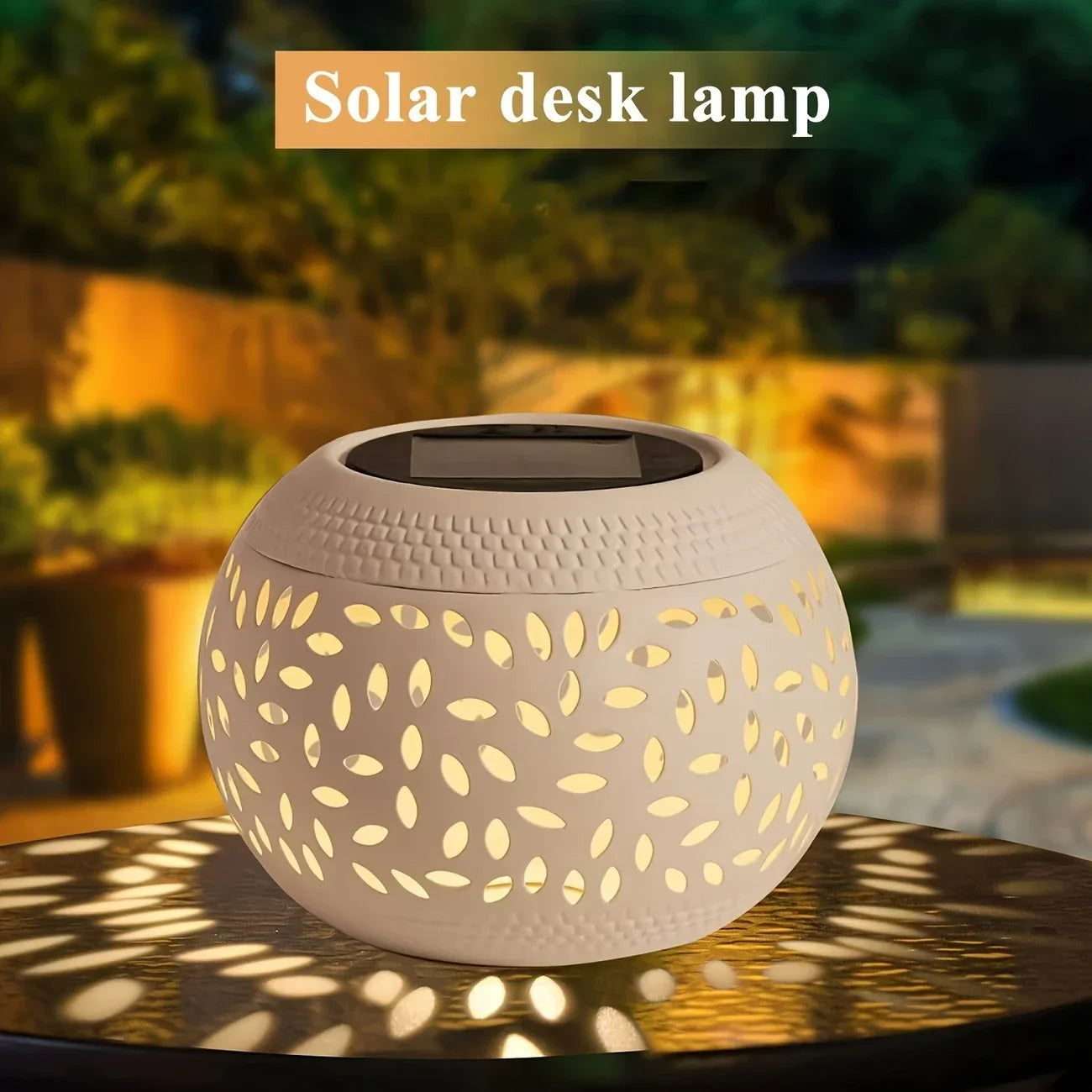 Solar desktop lamp, desktop lighting lamp, hollow metal lighting lamp, solar lamp, suitable for courtyards, gardens and lawns