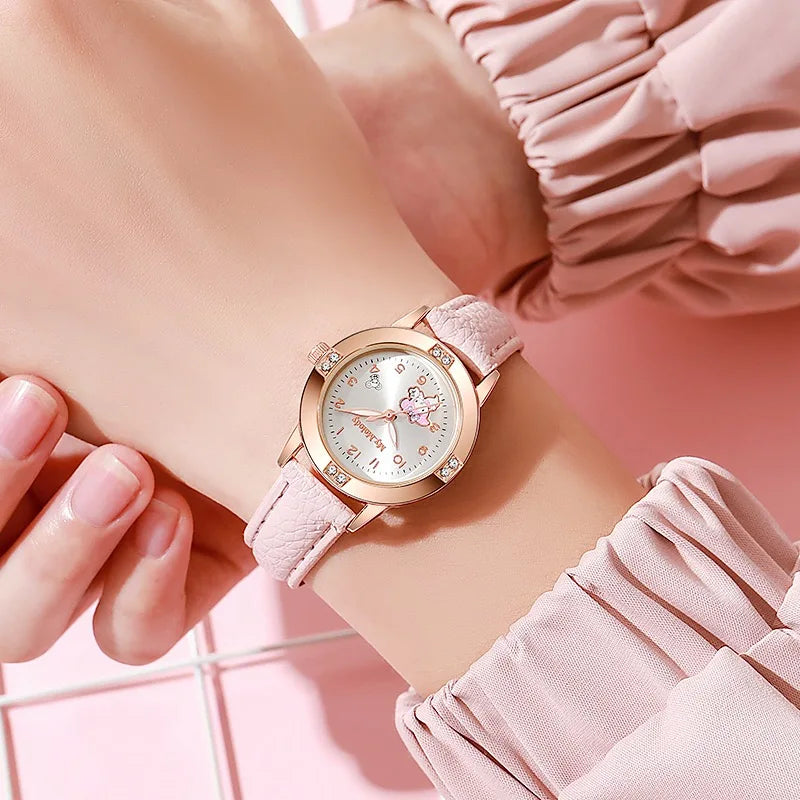 Sanrio Hello Kitty Watches Cinnamoroll Kuromi My Melody Cute Cartoon Rose Gold with Diamond Belt Watch Women's Quartz Watch