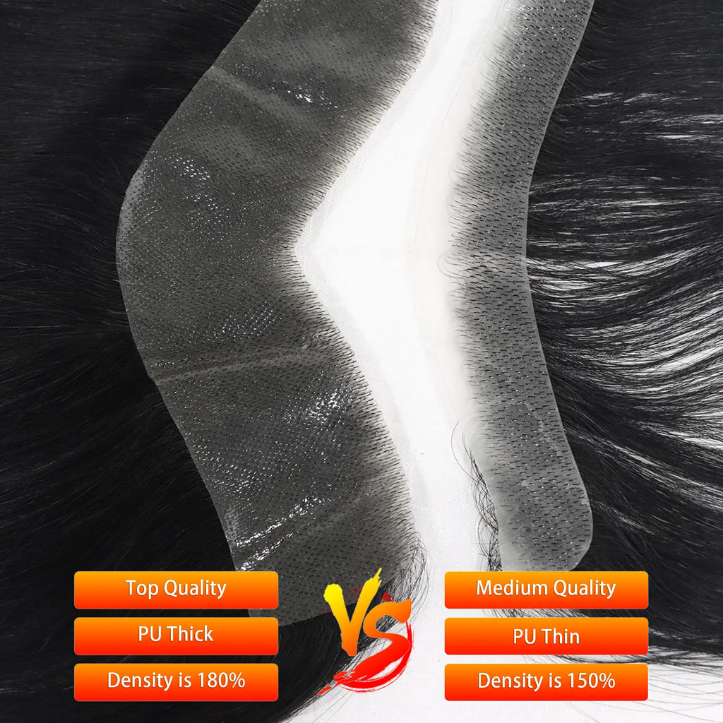 Brown Black Men Toupee Human Hair Frontal Hairline 180 Density V Loop Straight Forehead Toupee Natural Hair Capillary Prosthesis