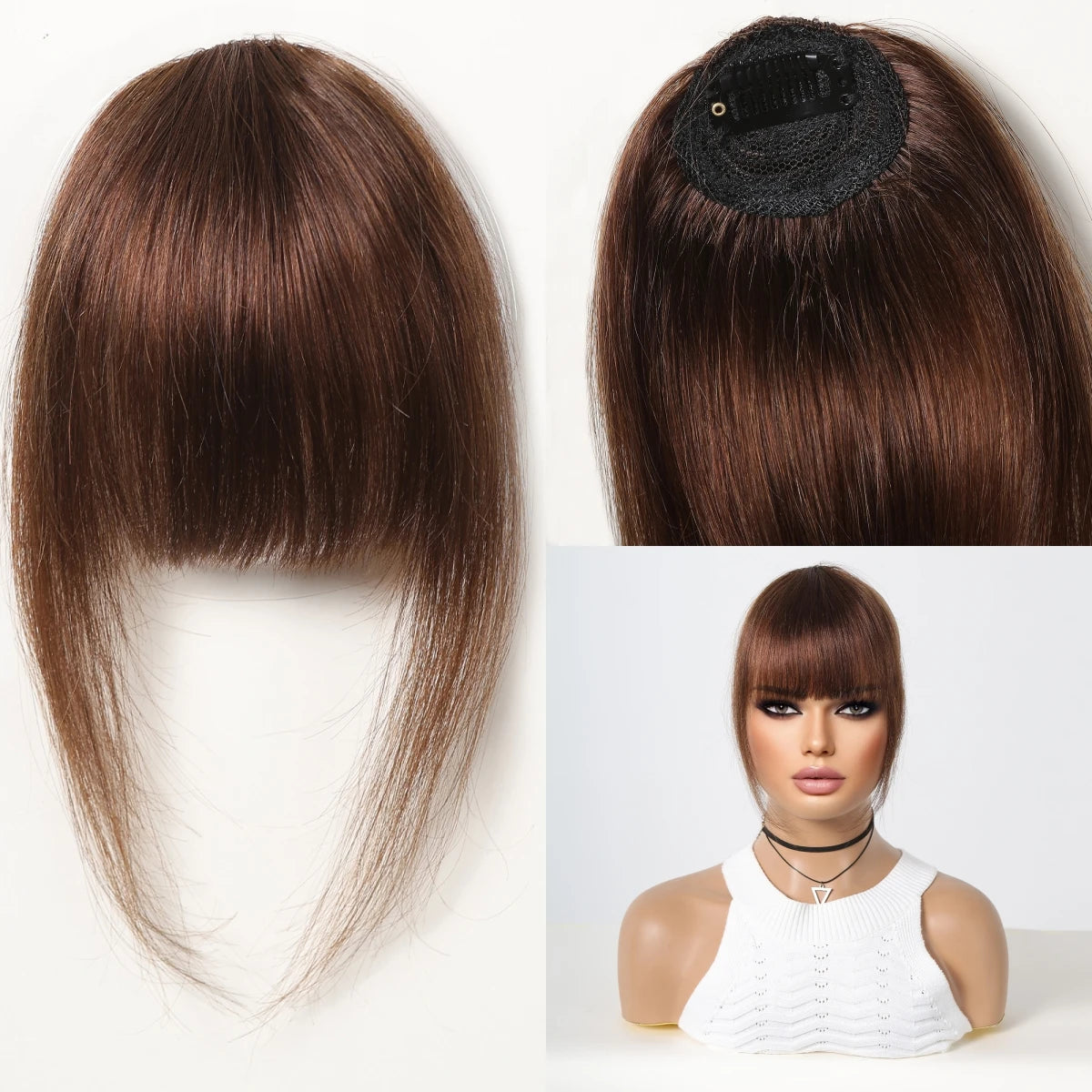 100% Human Hair Bangs Natural Brown Wispy Bang Hair Clip in Bangs Fringe with Temples Hairpiece for Women Clip on Air Bang 4.5in