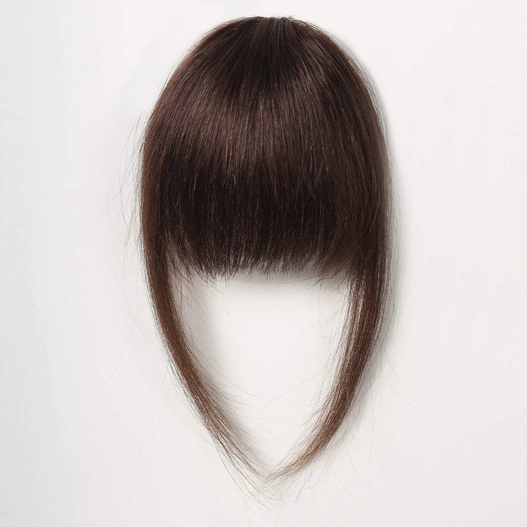 100% Human Hair Bangs Natural Brown Wispy Bang Hair Clip in Bangs Fringe with Temples Hairpiece for Women Clip on Air Bang 4.5in