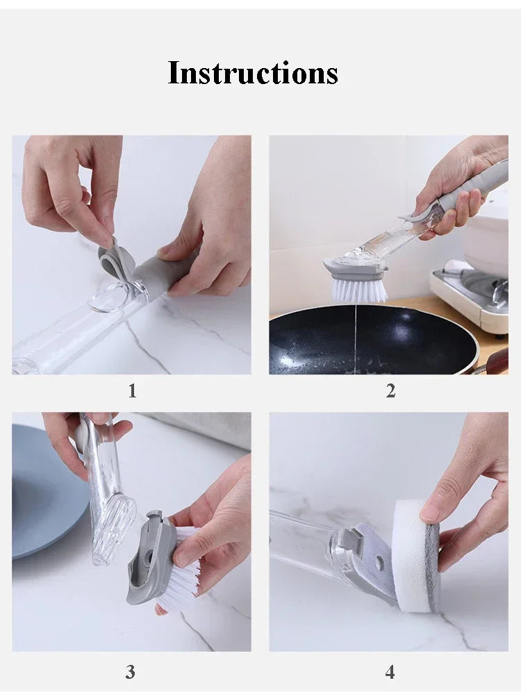 Kitchen Long Handle Cleaning Brush Automatic Liquid Dispenser Dishwashing Sponge Cleaning Brush Scrubber Kitchen Cleaning Tools