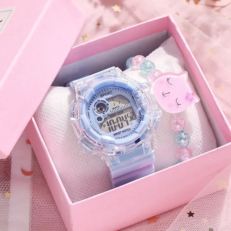 Children's Electronic Watch Teenage Couple Fashion Sports Multifunctional Watch and Acrylic Beaded Bracelet Set Gift for Kids