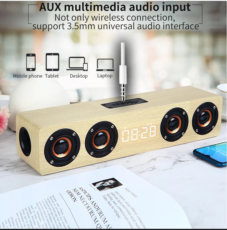Wireless Bluetooth 5.0 Speakers For Computers Wooden Alarm Clock Display Sound System Player with AUX TF FM Radio Subwoofer Box