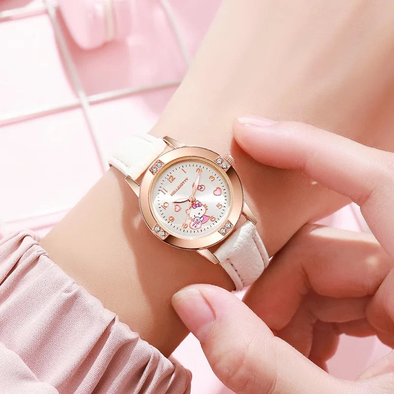 Sanrio Hello Kitty Watches Cinnamoroll Kuromi My Melody Cute Cartoon Rose Gold with Diamond Belt Watch Women's Quartz Watch