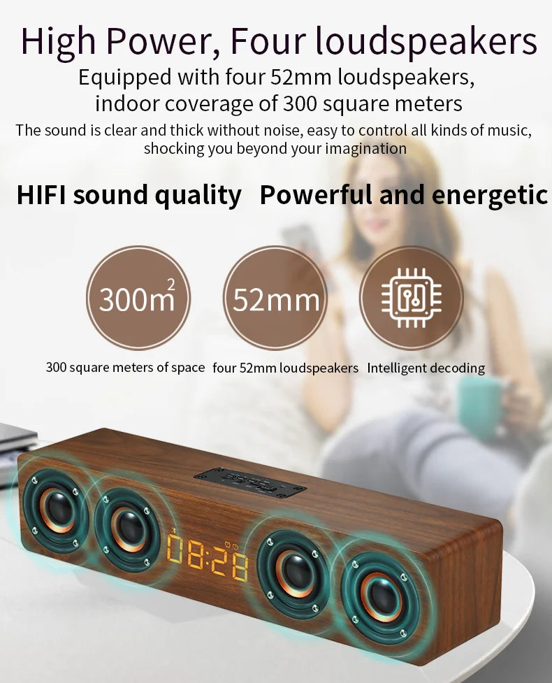 Wireless Bluetooth 5.0 Speakers For Computers Wooden Alarm Clock Display Sound System Player with AUX TF FM Radio Subwoofer Box