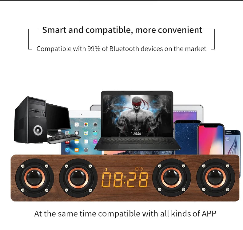 Wireless Bluetooth 5.0 Speakers For Computers Wooden Alarm Clock Display Sound System Player with AUX TF FM Radio Subwoofer Box