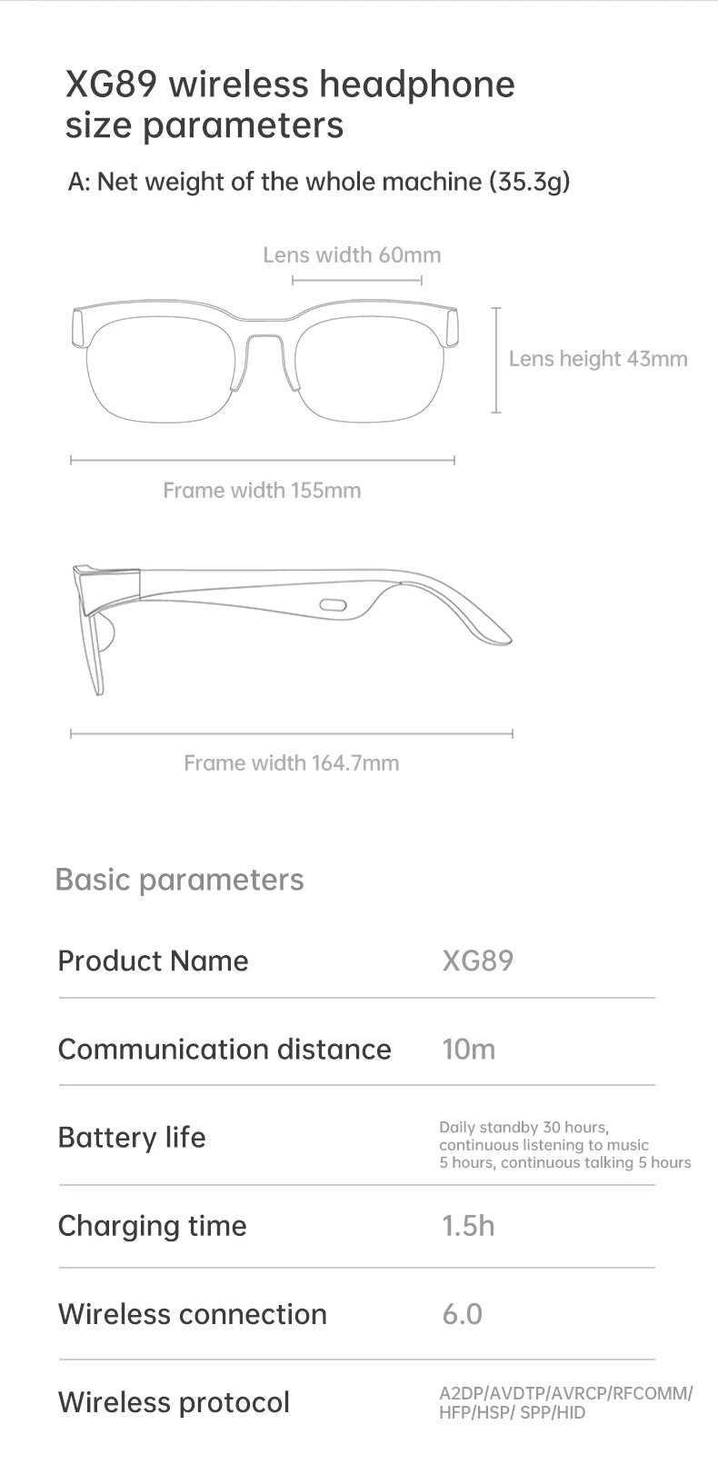 Bluetooth 6.0 Audio Glasses Headphones Wireless Headsets Outdoor HiFi Stereo Noise Reduction Earphones Casual Glasses Earbuds