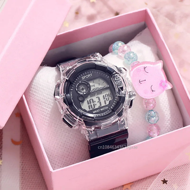 Children's Electronic Watch Teenage Couple Fashion Sports Multifunctional Watch and Acrylic Beaded Bracelet Set Gift for Kids