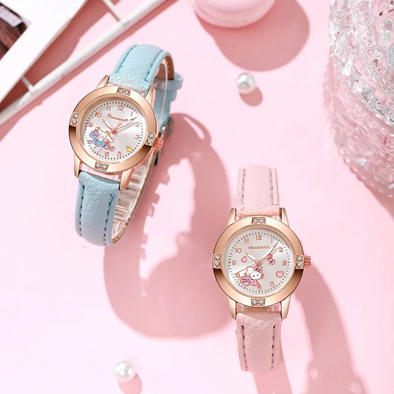 Sanrio Hello Kitty Watches Cinnamoroll Kuromi My Melody Cute Cartoon Rose Gold with Diamond Belt Watch Women's Quartz Watch