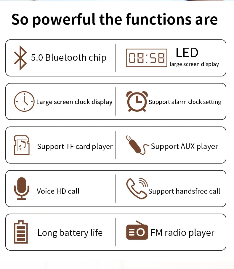 Wireless Bluetooth 5.0 Speakers For Computers Wooden Alarm Clock Display Sound System Player with AUX TF FM Radio Subwoofer Box