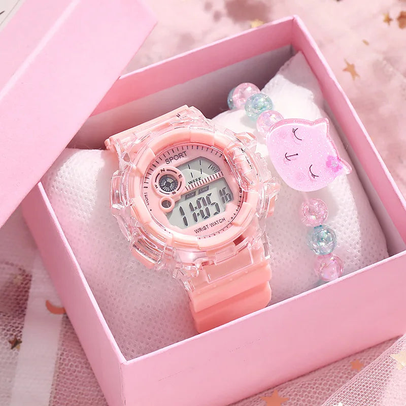 Children's Electronic Watch Teenage Couple Fashion Sports Multifunctional Watch and Acrylic Beaded Bracelet Set Gift for Kids