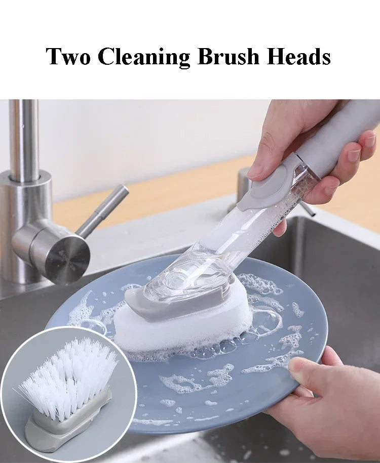 Kitchen Long Handle Cleaning Brush Automatic Liquid Dispenser Dishwashing Sponge Cleaning Brush Scrubber Kitchen Cleaning Tools