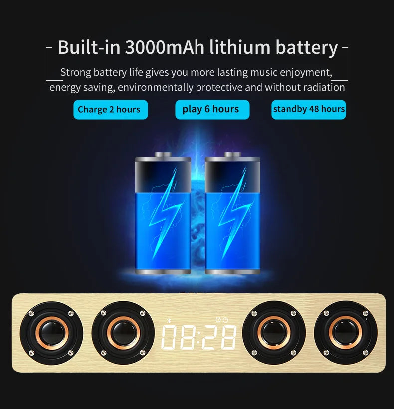 Wireless Bluetooth 5.0 Speakers For Computers Wooden Alarm Clock Display Sound System Player with AUX TF FM Radio Subwoofer Box