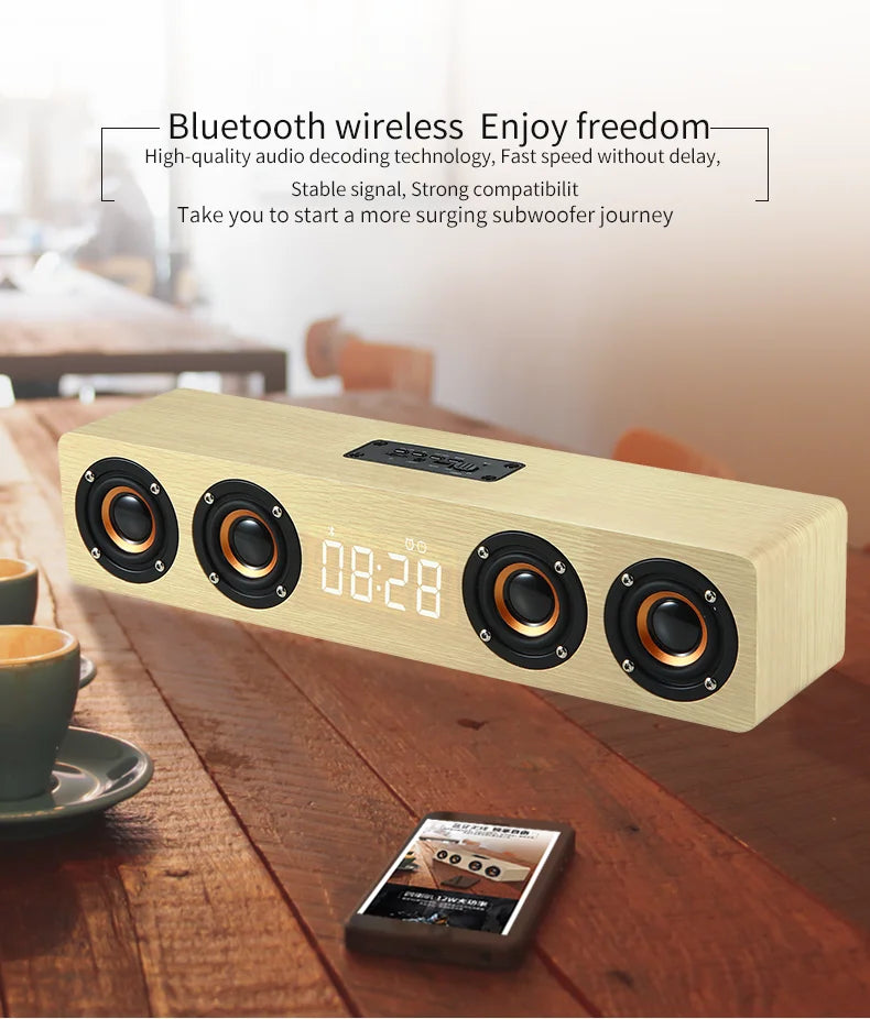 Wireless Bluetooth 5.0 Speakers For Computers Wooden Alarm Clock Display Sound System Player with AUX TF FM Radio Subwoofer Box