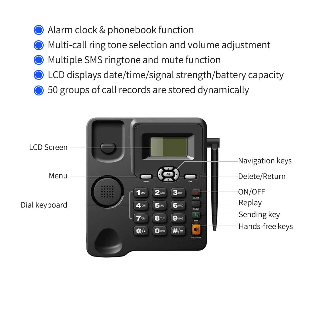 Cordless Phone Desktop Telephone Support GSM 850/900/1800/1900MHZ Dual SIM Card 2G Fixed Wireless Phone with Antenna Radio Alarm