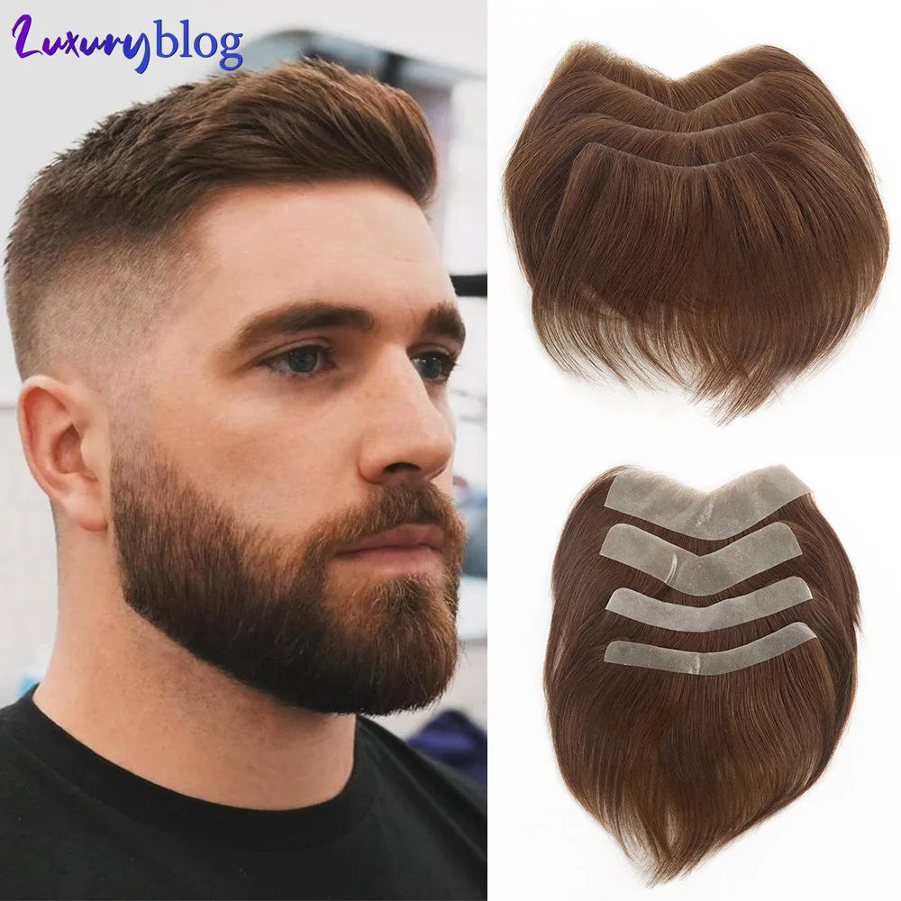 Brown Black Men Toupee Human Hair Frontal Hairline 180 Density V Loop Straight Forehead Toupee Natural Hair Capillary Prosthesis