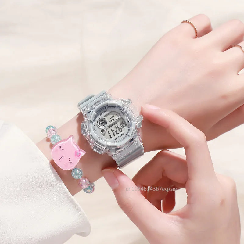 Children's Electronic Watch Teenage Couple Fashion Sports Multifunctional Watch and Acrylic Beaded Bracelet Set Gift for Kids