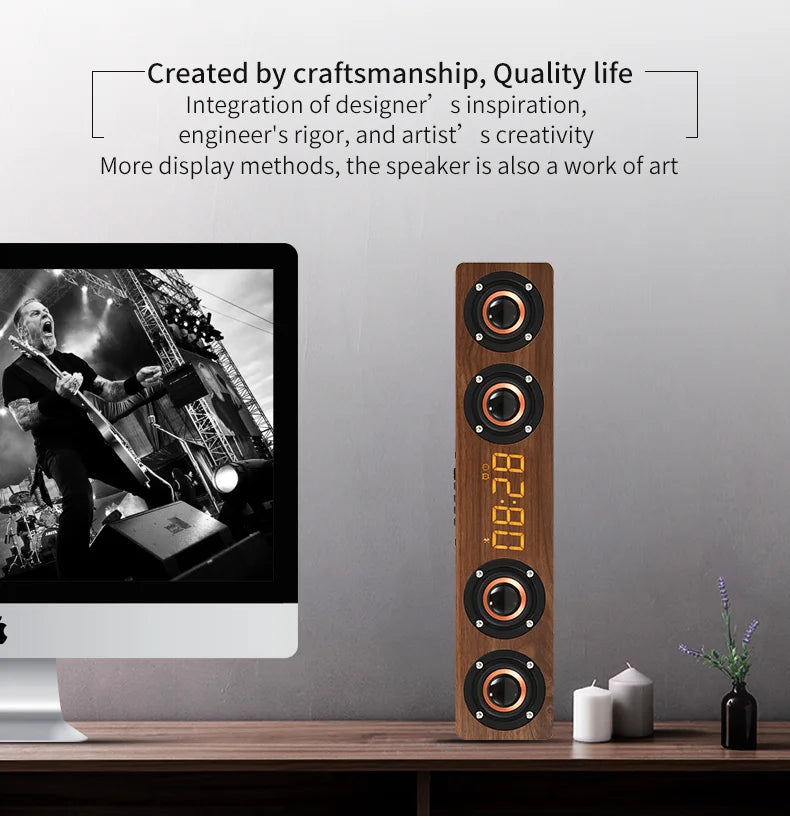 Wireless Bluetooth 5.0 Speakers For Computers Wooden Alarm Clock Display Sound System Player with AUX TF FM Radio Subwoofer Box
