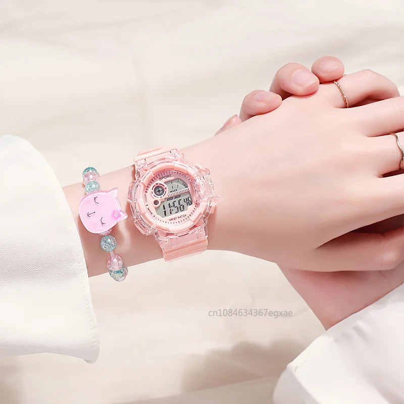 Children's Electronic Watch Teenage Couple Fashion Sports Multifunctional Watch and Acrylic Beaded Bracelet Set Gift for Kids