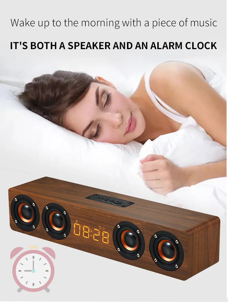 Wireless Bluetooth 5.0 Speakers For Computers Wooden Alarm Clock Display Sound System Player with AUX TF FM Radio Subwoofer Box
