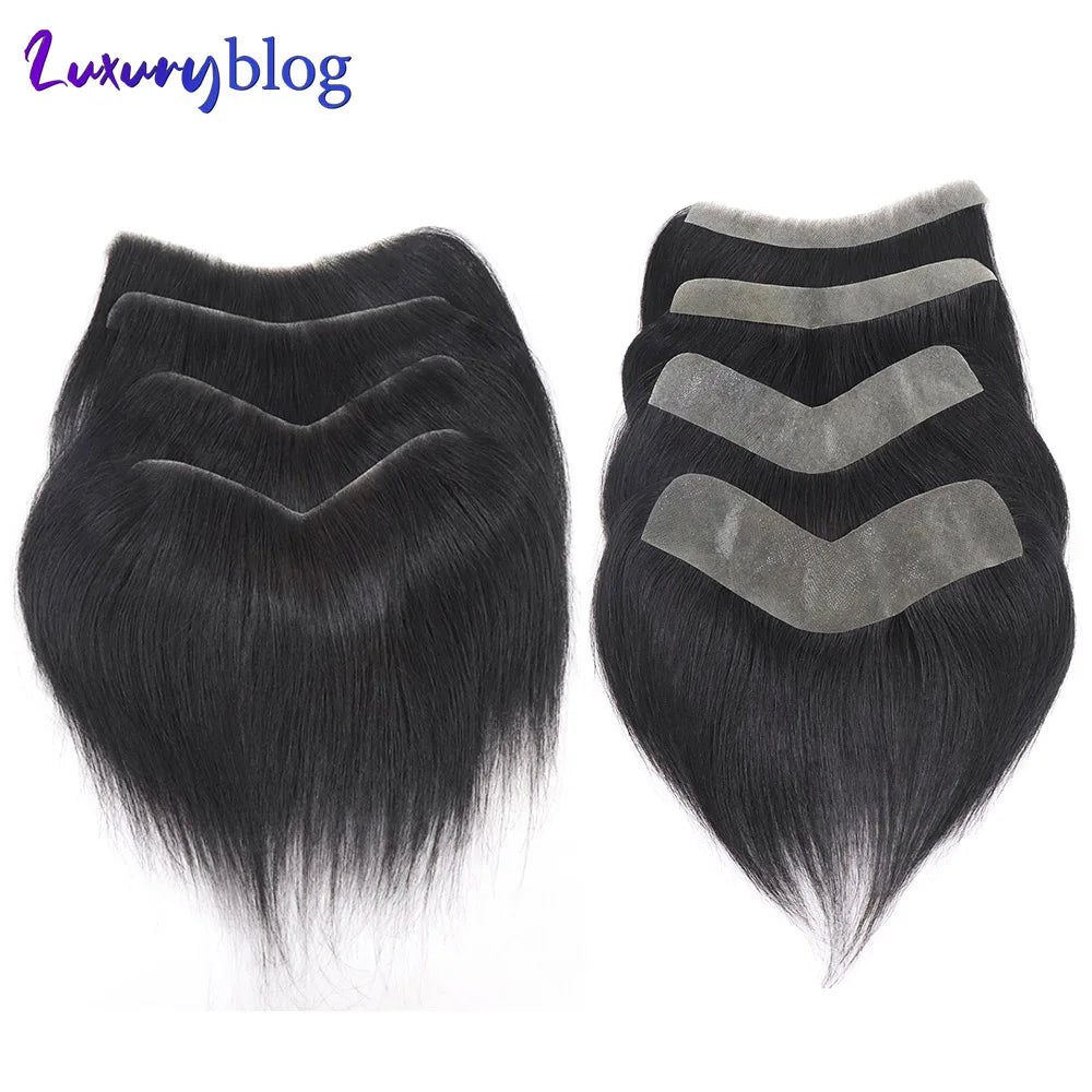 Brown Black Men Toupee Human Hair Frontal Hairline 180 Density V Loop Straight Forehead Toupee Natural Hair Capillary Prosthesis