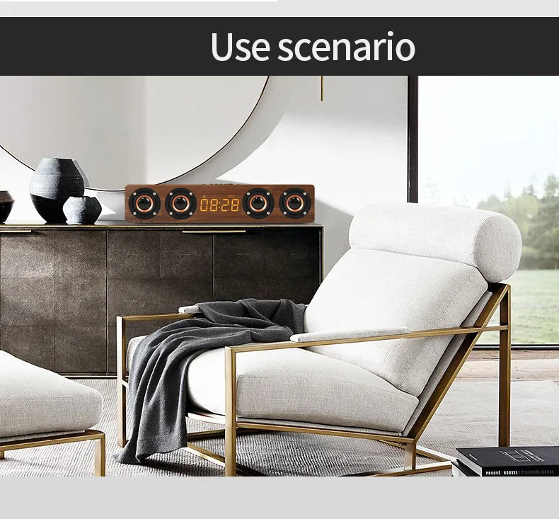 Wireless Bluetooth 5.0 Speakers For Computers Wooden Alarm Clock Display Sound System Player with AUX TF FM Radio Subwoofer Box