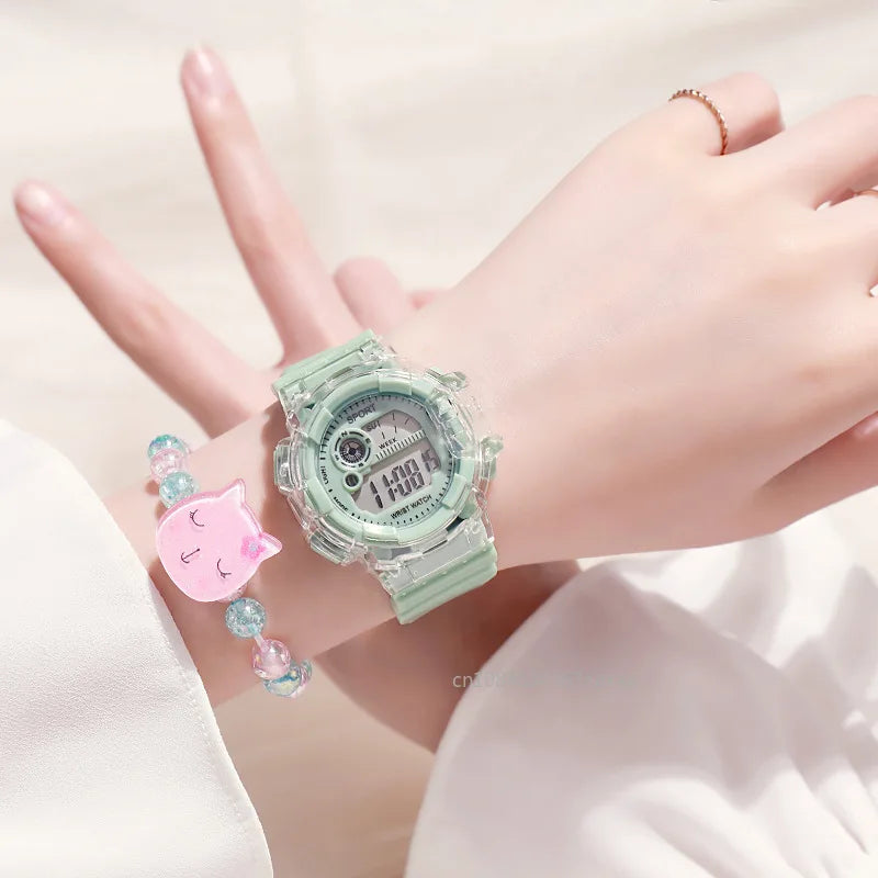 Children's Electronic Watch Teenage Couple Fashion Sports Multifunctional Watch and Acrylic Beaded Bracelet Set Gift for Kids
