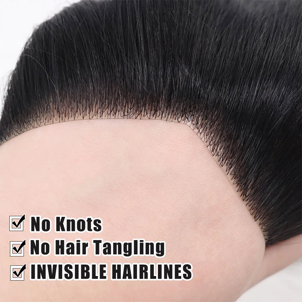 Brown Black Men Toupee Human Hair Frontal Hairline 180 Density V Loop Straight Forehead Toupee Natural Hair Capillary Prosthesis