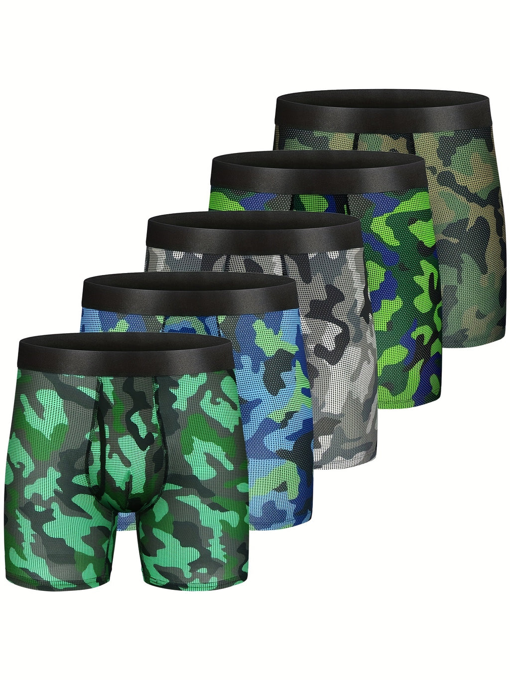 5-Pack CONKEND Men'S Bamboo Rayon Boxer Briefs, Camo Pattern, Medium Stretch Knit Fabric, 92% Viscose 8% Elastane, Breathable Tagless with Waistband, 15.24cm with Fly