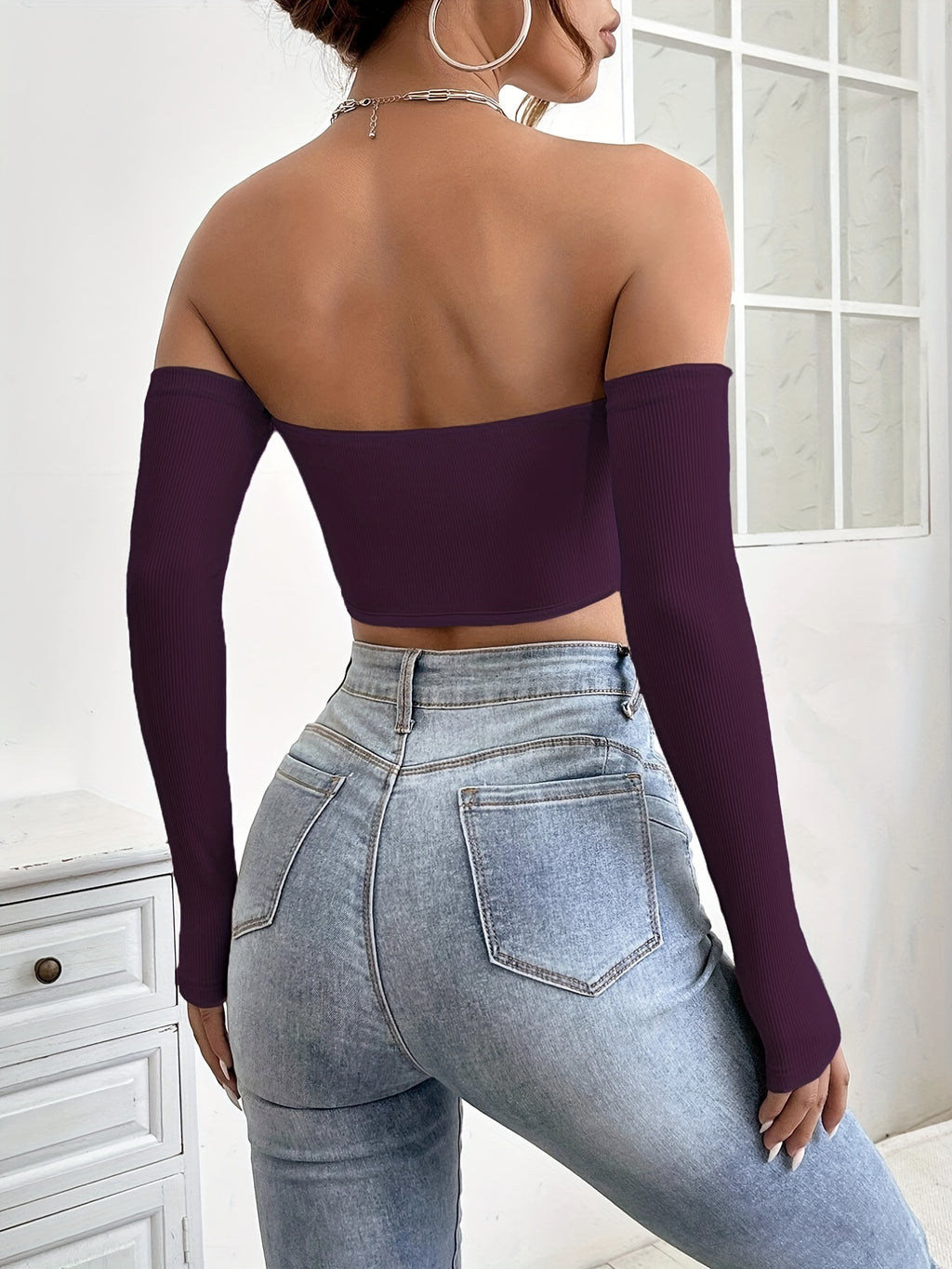 Women's Off-Shoulder Short Crop Top - Slim-Fit Sleeve Stretchy Shirt, Solid Black All-Season Versatile Top for Casual & Formal Outfits, Machine Washable Elegant Women's Fashion Apparel