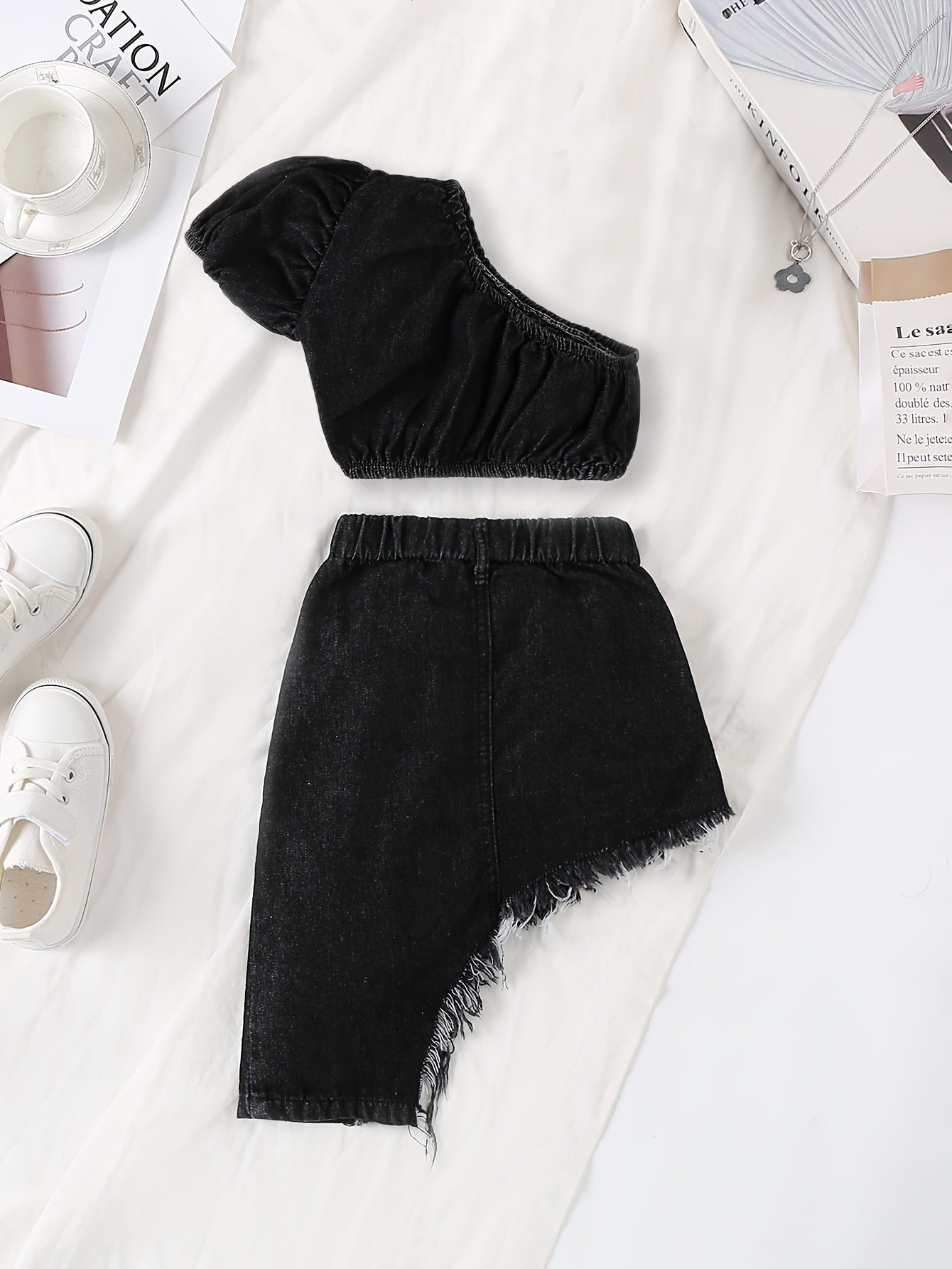Girls Chic Denim Outfit - Premium Fabric, Slant Shoulder Top, Irregular Raw Hem Skirt, Complete Set for Girls - Trendy and Comfortable Denim Set for Everyday Wear