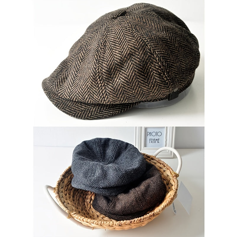 Men's Retro Beret Mafia Movie Cosplay Wool Blend Vintage Herringbone Tweed Casual Newsboy Hat Flat Cap