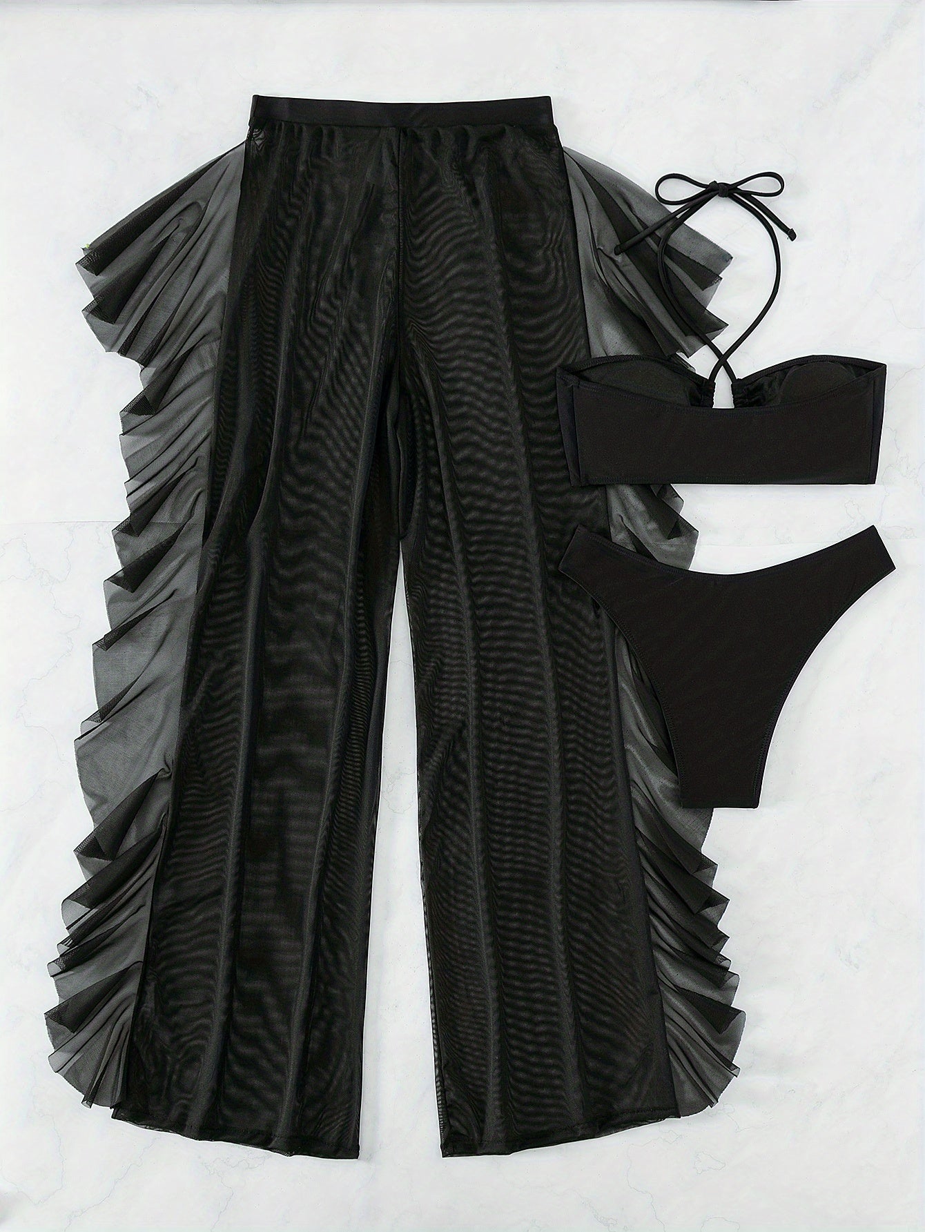 Pure Black Sexy Semi-Sheer Fashion Ruched Crisscross Strap Mesh Panty Bikini Set for Women