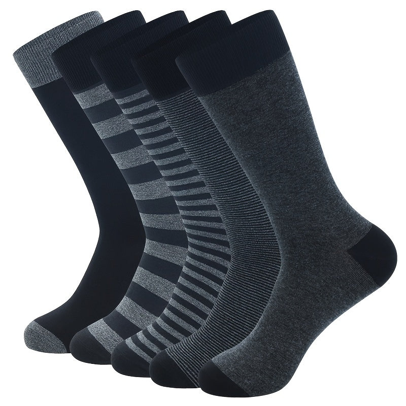5 Pairs Men's Breathable Dress Crew Socks - Moisture-Wicking, Ribbed Texture, Striped & Solid Colors (Black, Gray, Dark Gray, Light Blue) for Business & Formal Wear, Fits Shoe Sizes 8.5-14
