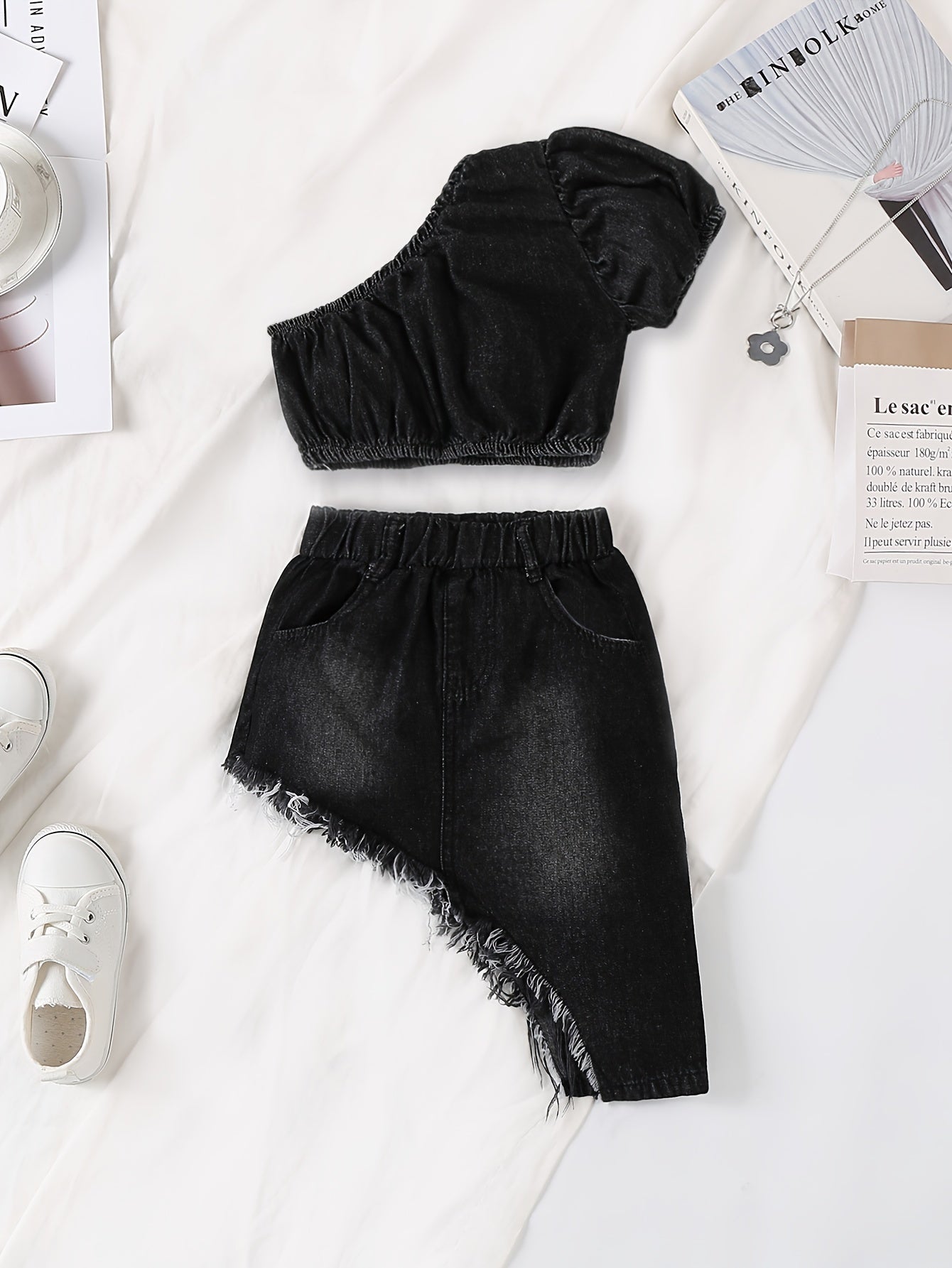 Girls Chic Denim Outfit - Premium Fabric, Slant Shoulder Top, Irregular Raw Hem Skirt, Complete Set for Girls - Trendy and Comfortable Denim Set for Everyday Wear