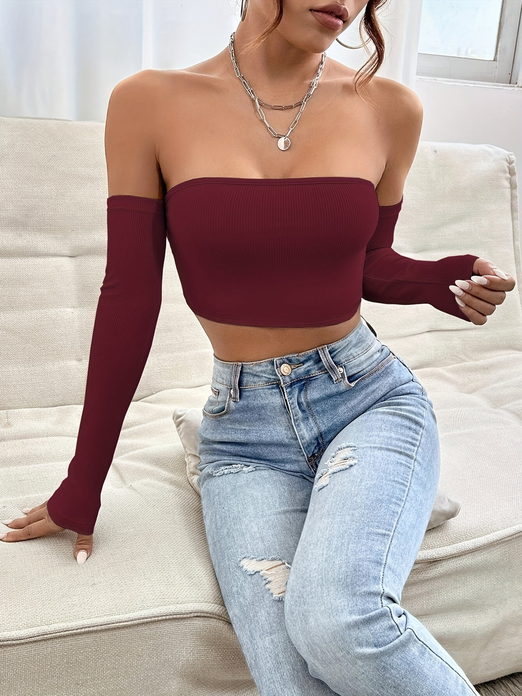 Women's Off-Shoulder Short Crop Top - Slim-Fit Sleeve Stretchy Shirt, Solid Black All-Season Versatile Top for Casual & Formal Outfits, Machine Washable Elegant Women's Fashion Apparel