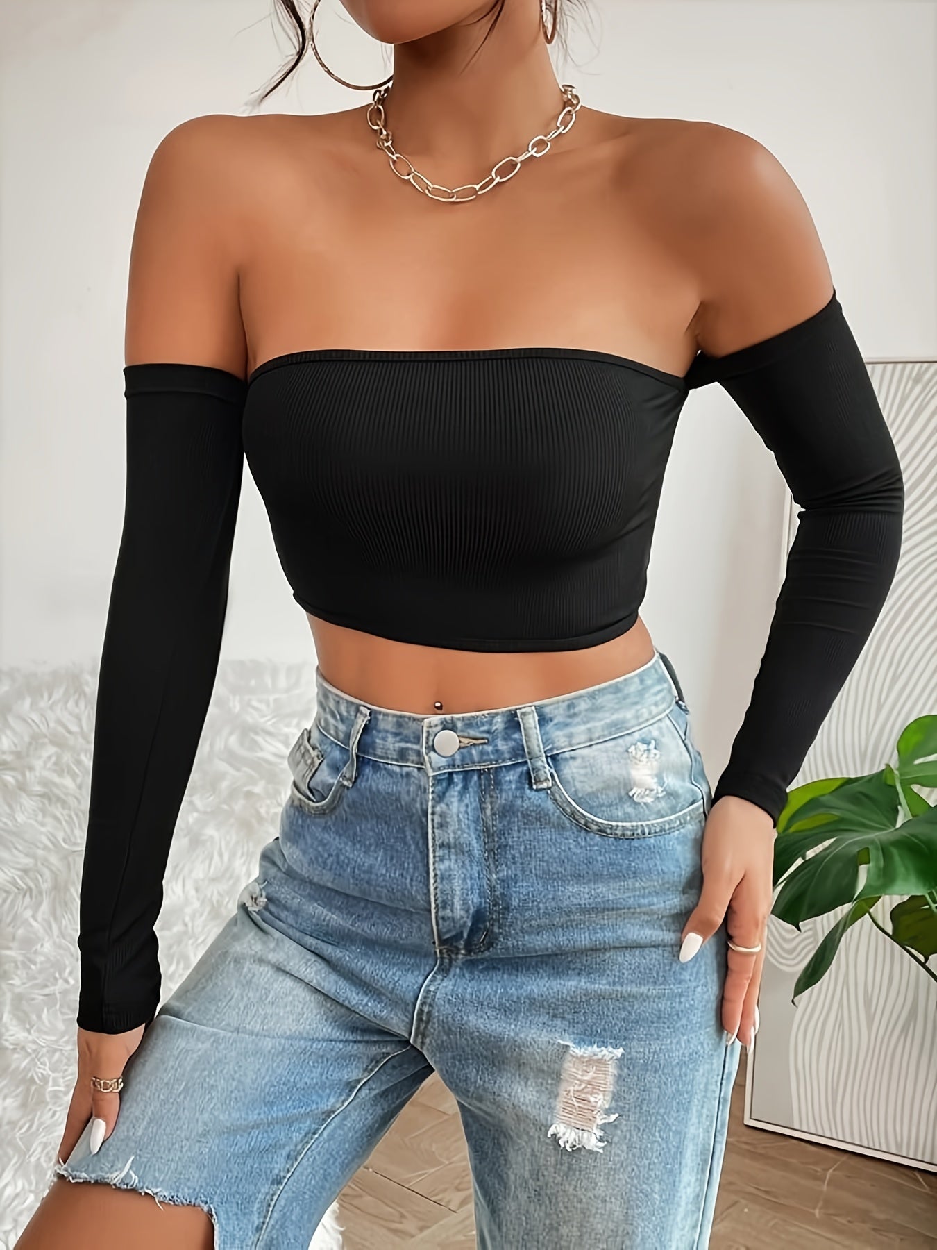 Women's Off-Shoulder Short Crop Top - Slim-Fit Sleeve Stretchy Shirt, Solid Black All-Season Versatile Top for Casual & Formal Outfits, Machine Washable Elegant Women's Fashion Apparel