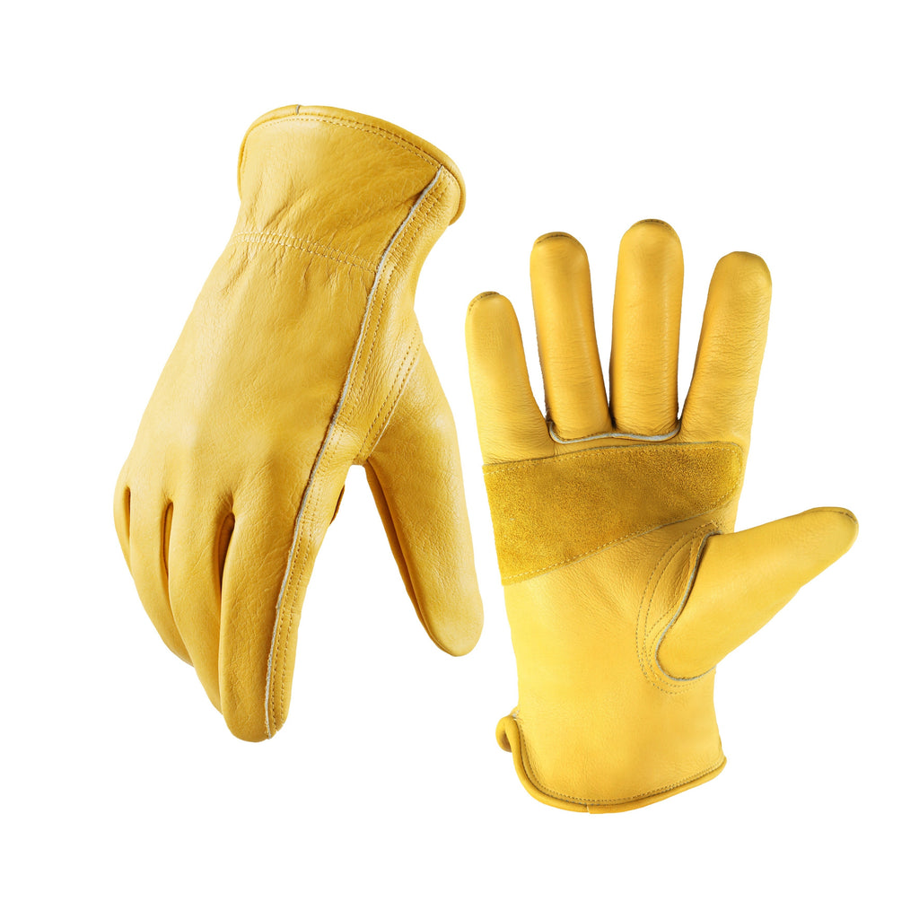 1 Pair Of Flex Grip Leather Work Gloves, Stretchable Wrist Tough Cowhide Working Gloves (Yellow)