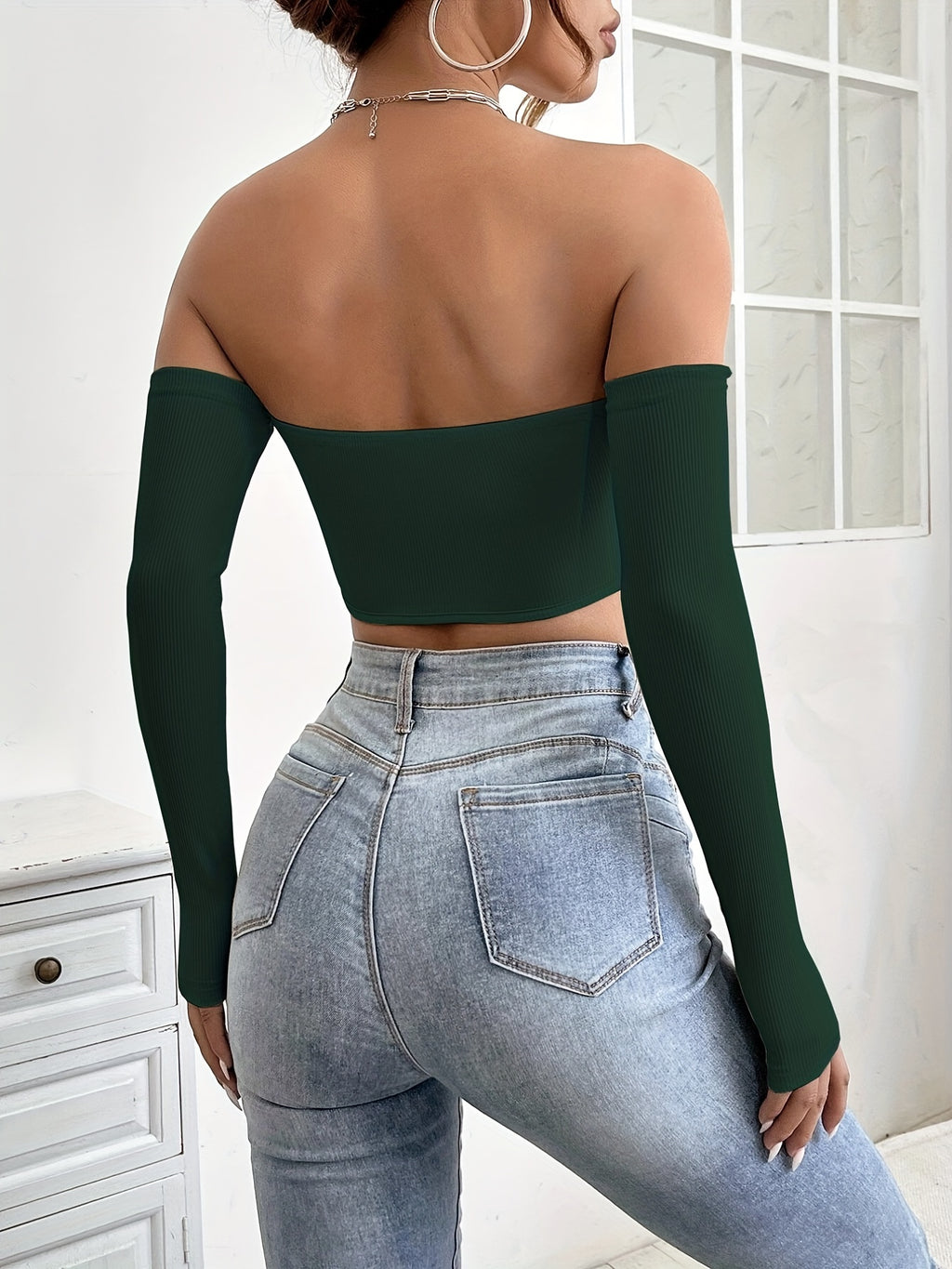 Women's Off-Shoulder Short Crop Top - Slim-Fit Sleeve Stretchy Shirt, Solid Black All-Season Versatile Top for Casual & Formal Outfits, Machine Washable Elegant Women's Fashion Apparel