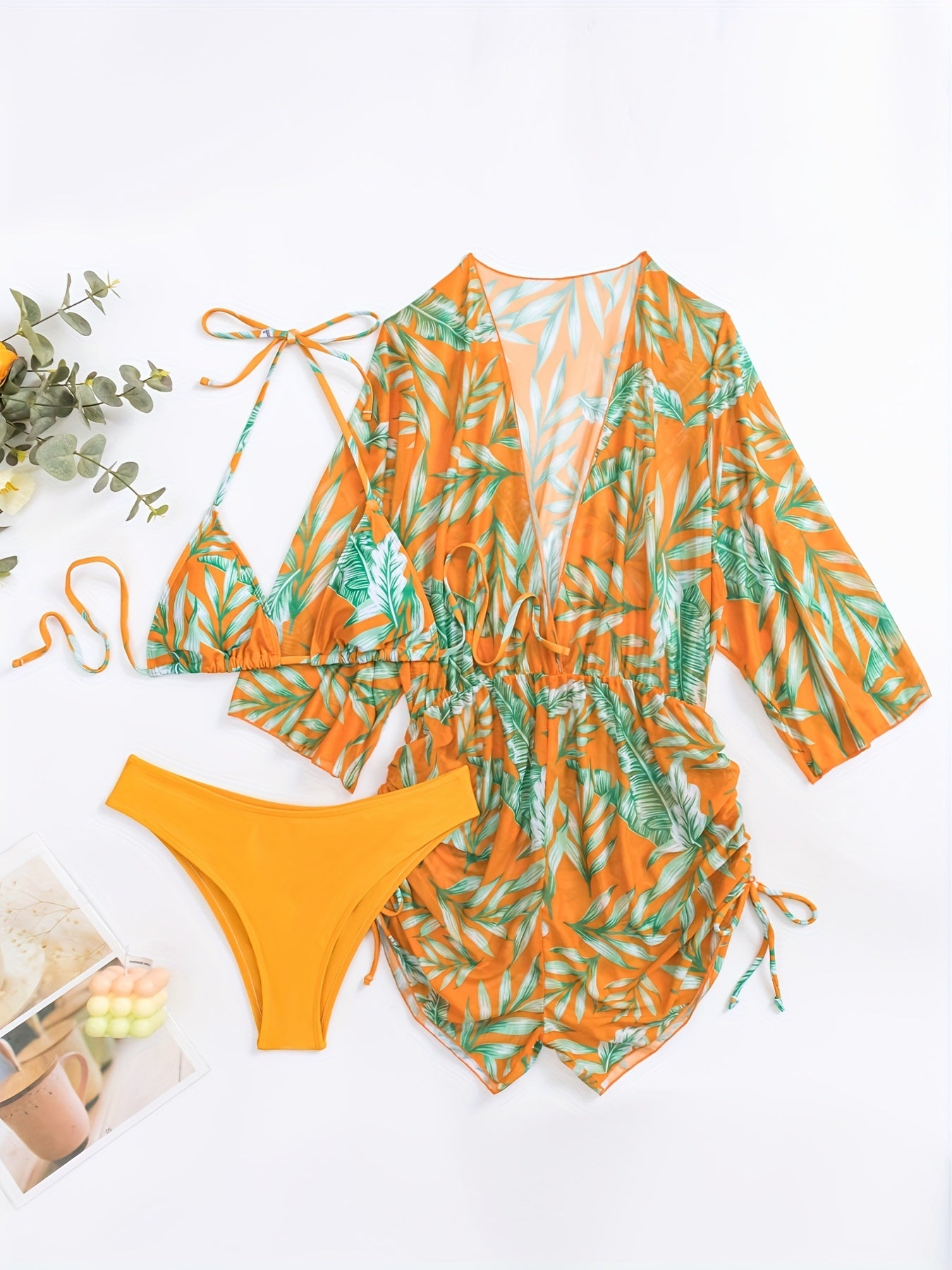 3-Piece Leaf Plant Print Bikini Sets, Triangle Halter Neck High Cut With Sheer Cover Up Drawstring Overall Swimsuit, Women's Swimwear & Clothing for Koningsdag/King's Day