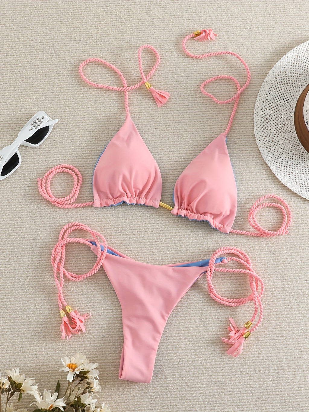 Triangle Halter Neck Bikini Sets, V Neck Tie Back Tie Side Backless High Cut Two Pieces Swimsuit, Women's Swimwear & Clothing Koningsdag/King's Day