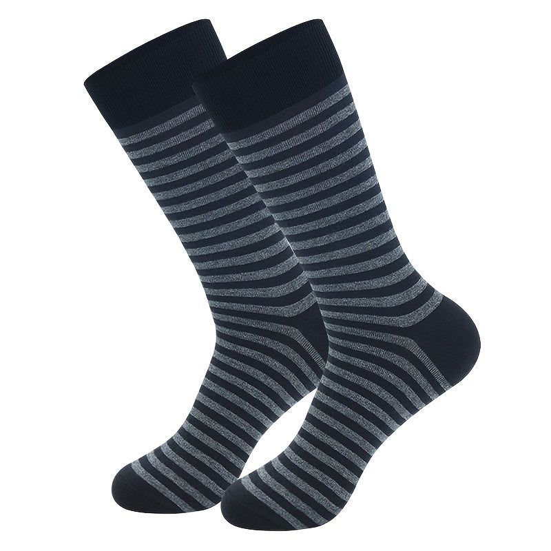 5 Pairs Men's Breathable Dress Crew Socks - Moisture-Wicking, Ribbed Texture, Striped & Solid Colors (Black, Gray, Dark Gray, Light Blue) for Business & Formal Wear, Fits Shoe Sizes 8.5-14