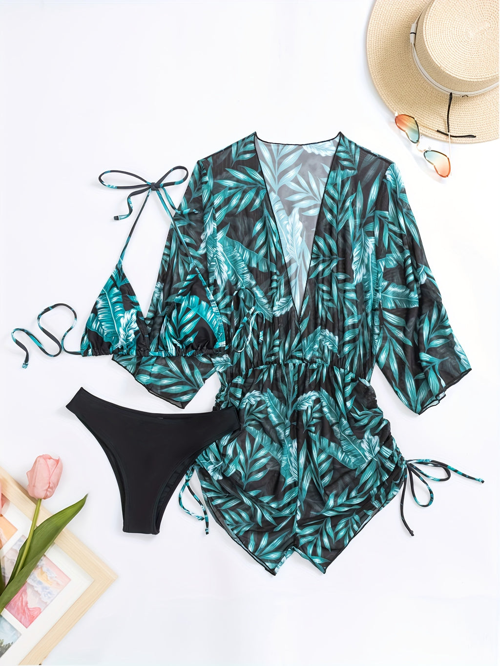 3-Piece Leaf Plant Print Bikini Sets, Triangle Halter Neck High Cut With Sheer Cover Up Drawstring Overall Swimsuit, Women's Swimwear & Clothing for Koningsdag/King's Day