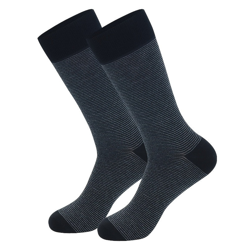 5 Pairs Men's Breathable Dress Crew Socks - Moisture-Wicking, Ribbed Texture, Striped & Solid Colors (Black, Gray, Dark Gray, Light Blue) for Business & Formal Wear, Fits Shoe Sizes 8.5-14