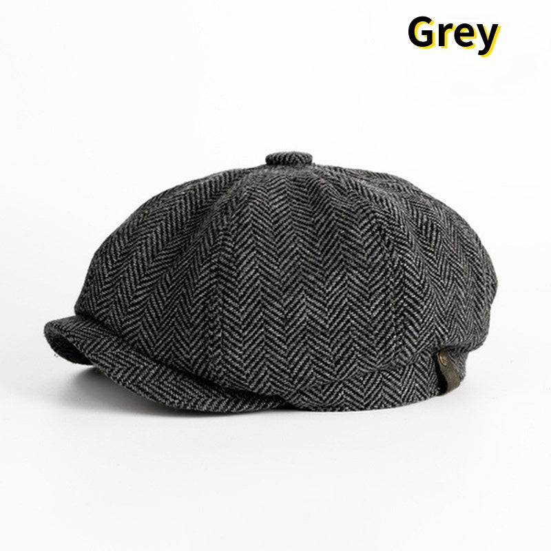 Men's Retro Beret Mafia Movie Cosplay Wool Blend Vintage Herringbone Tweed Casual Newsboy Hat Flat Cap