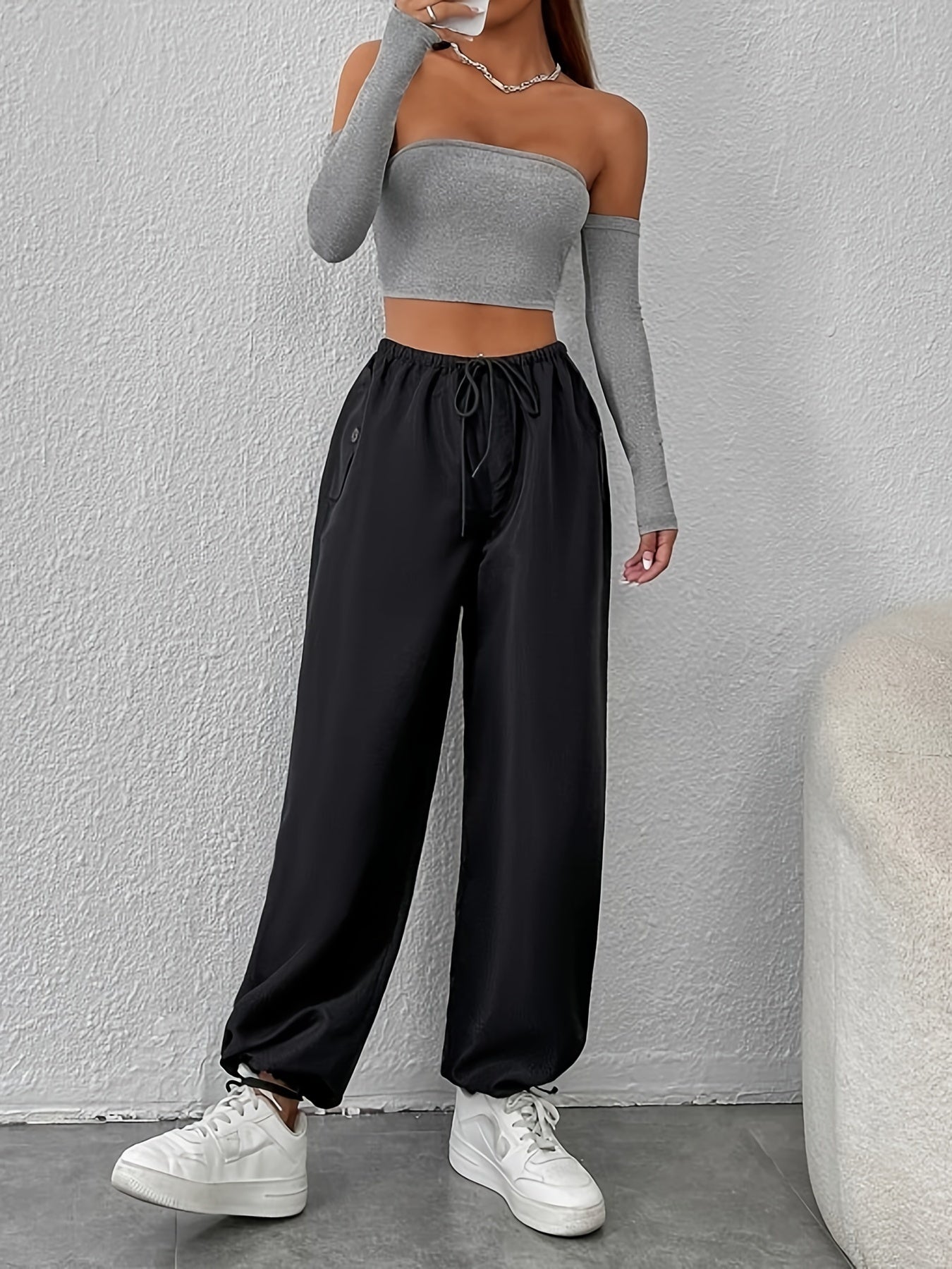 Women's Off-Shoulder Short Crop Top - Slim-Fit Sleeve Stretchy Shirt, Solid Black All-Season Versatile Top for Casual & Formal Outfits, Machine Washable Elegant Women's Fashion Apparel