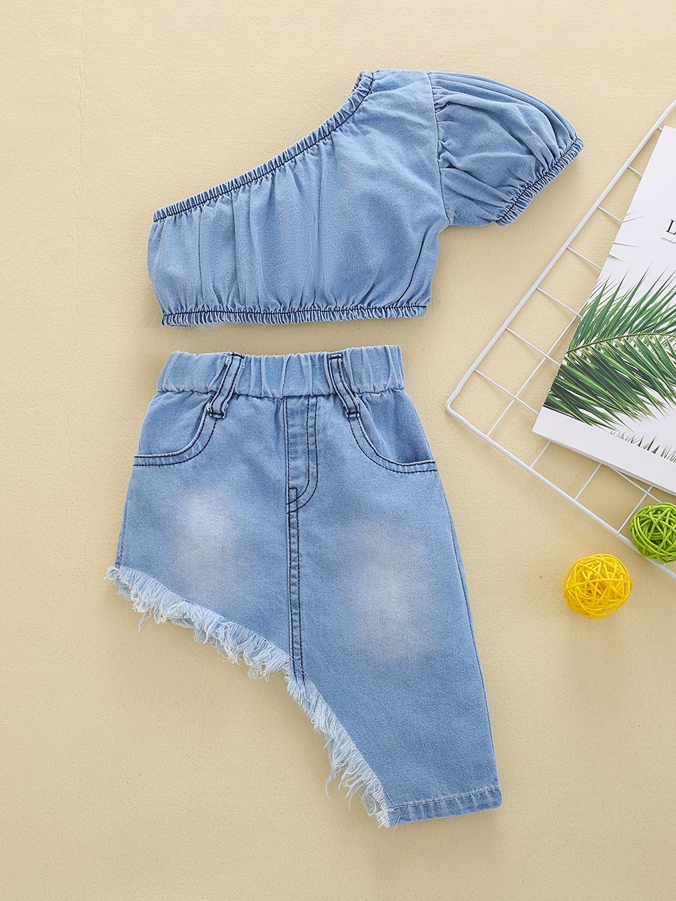 Girls Chic Denim Outfit - Premium Fabric, Slant Shoulder Top, Irregular Raw Hem Skirt, Complete Set for Girls - Trendy and Comfortable Denim Set for Everyday Wear